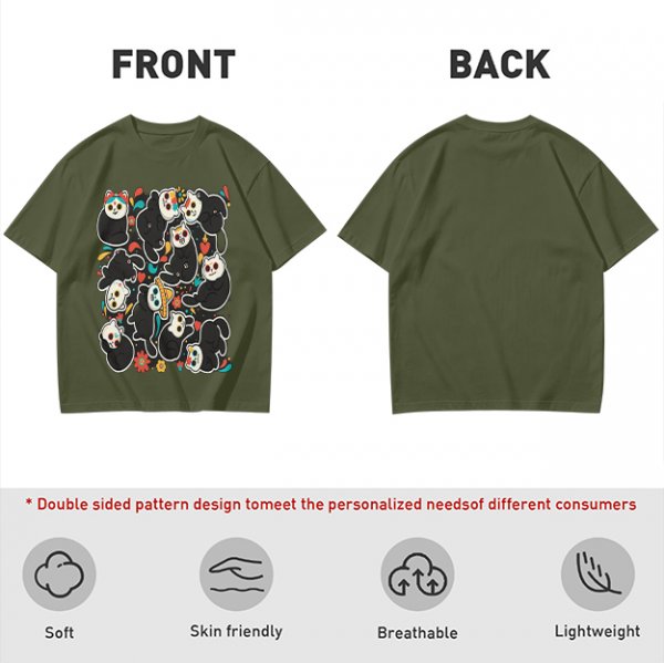 Olive T-Shirt With Day Of The Dead Cat Skull Graphic Print