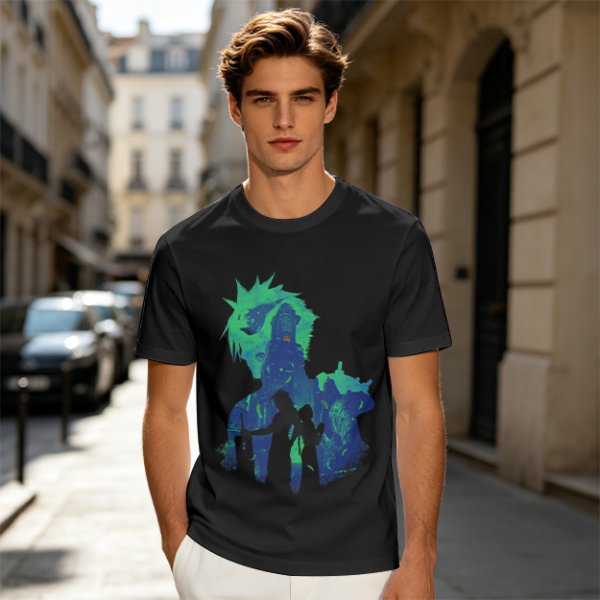 Olive Green Anime Graphic T-Shirt with Spiky Character Art