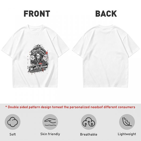 Olive green graphic t-shirt with horror ice cream themed print