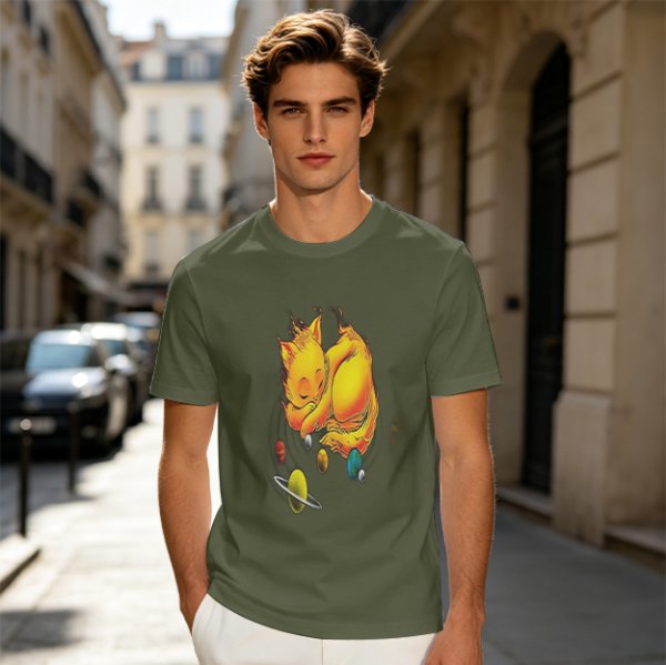 Olive T-Shirt With Sleeping Cosmic Cat And Planets Graphic
