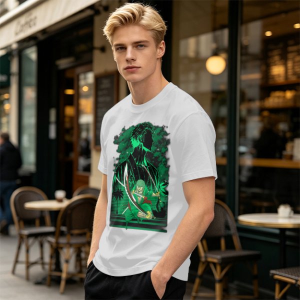 Olive Green Anime T-Shirt With Swordsman Character Artwork
