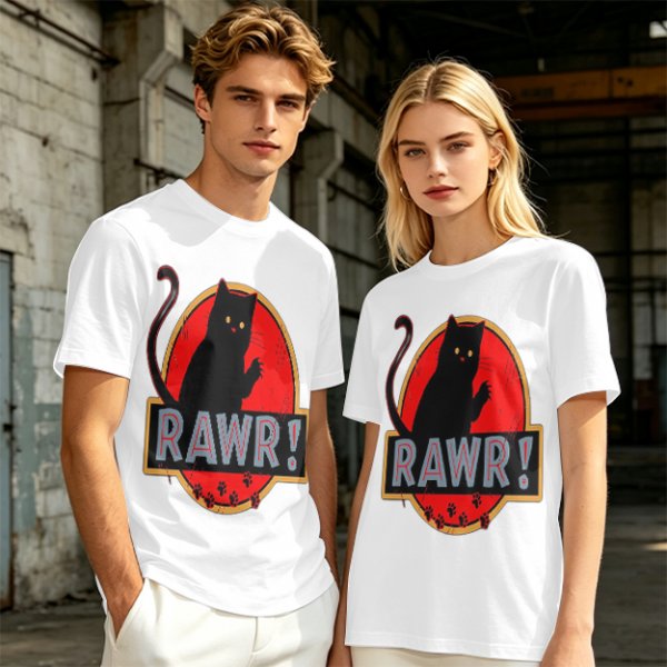Olive T-Shirt With Black Cat Rawr Dinosaur Parody Graphic