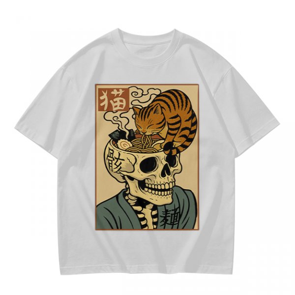 Olive t-shirt with a skull ramen bowl and a napping tabby cat print