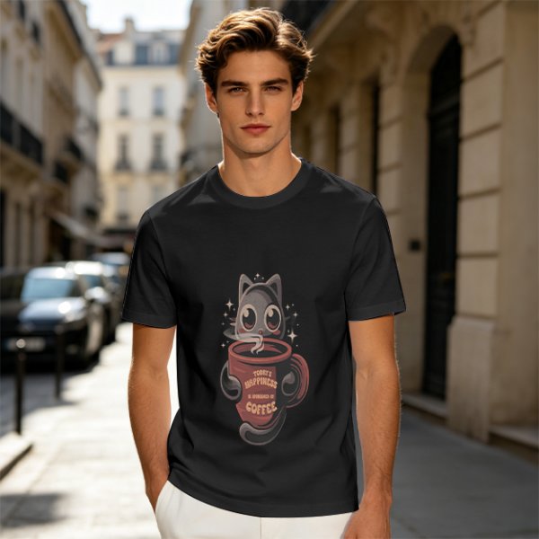 Olive t-shirt with a cartoon cat and coffee cup graphic