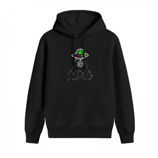 Black hoodie with alien UFO disco ball and dancing cats graphic