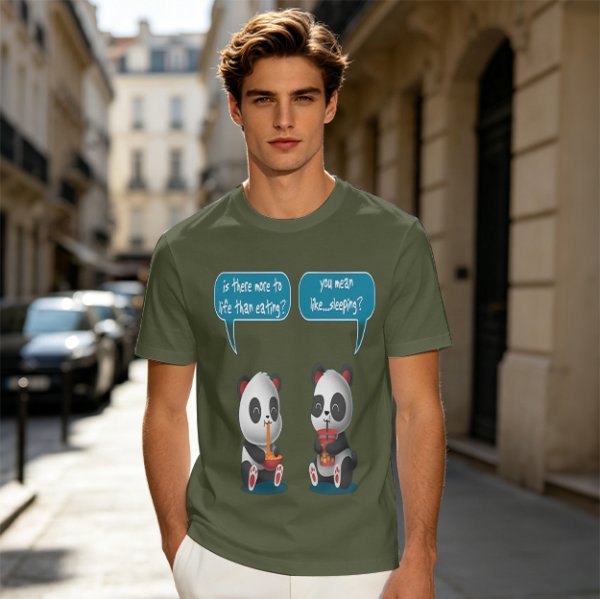 Olive t-shirt with pandas discussing life beyond eating and sleeping