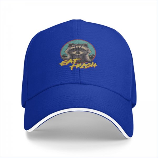 Black baseball cap with raccoon graphic and 'Eat Trash' text