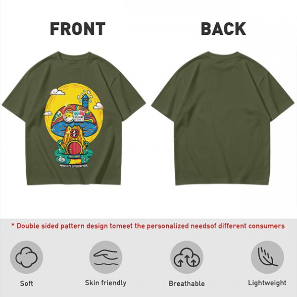 Olive T-Shirt with Trippy Mushroom House Graphic Design