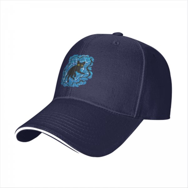 Black Baseball Cap With Playful Black Cat On Blue Abstract Background