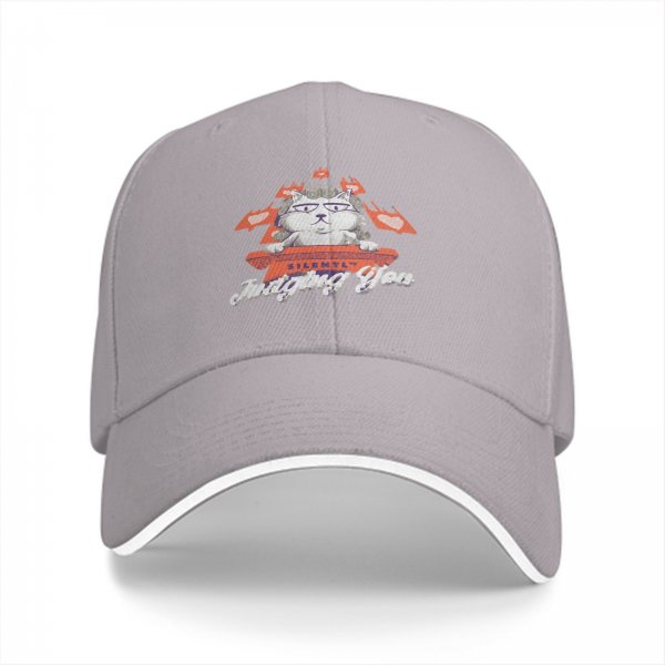 Black baseball cap with cat judge graphic and 'Silently Judging You' text