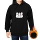 Black hoodie with three stylized white cartoon creatures graphic