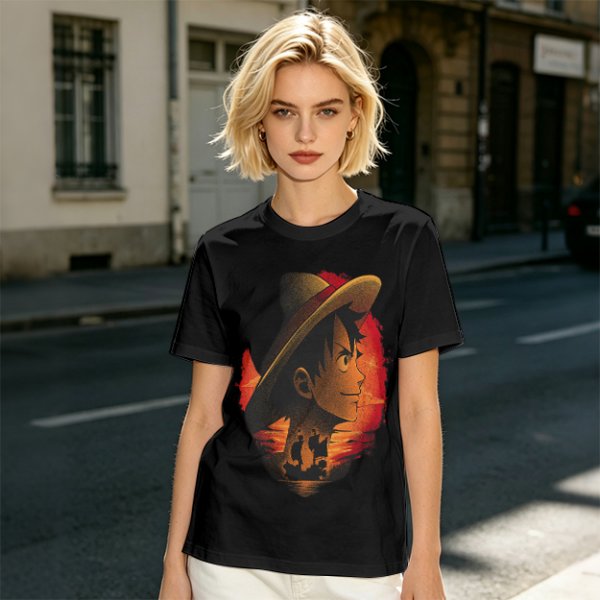 Olive T-Shirt Featuring Monkey D. Luffy Sunset Pirate Ship Art