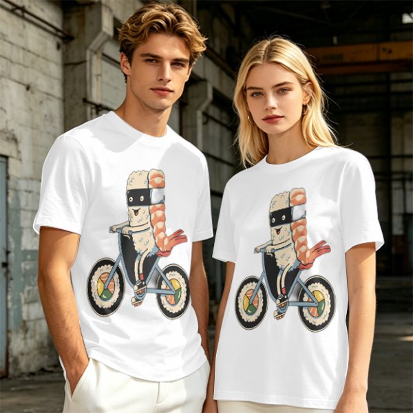Olive T-Shirt With Sushi Ninja Riding Bicycle Print
