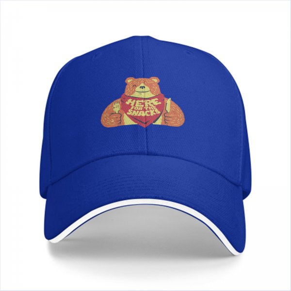 Black baseball cap with a winking bear graphic that says Here for the Snacks