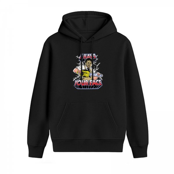 Horror Chainsaw Graphic Hoodie with 'I Have Your Face' Print