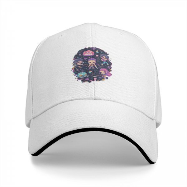 Black Baseball Cap with Cute Chibi Fantasy Character Print