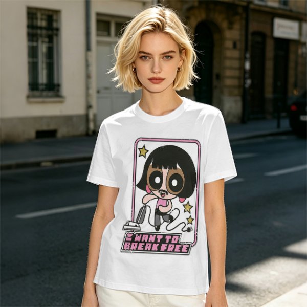 Olive green graphic t-shirt with Powerpuff-style character and 'I Want To Break Free' text