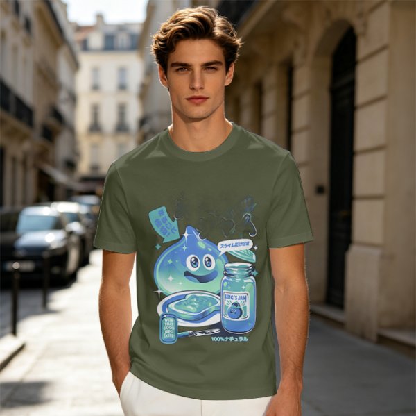 Olive green t-shirt with a slime jam graphic design