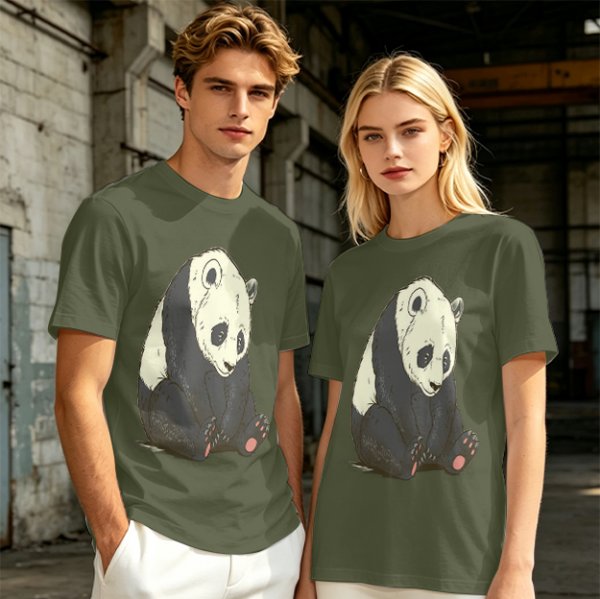 Olive T-shirt with Sad Sitting Panda Graphic Print