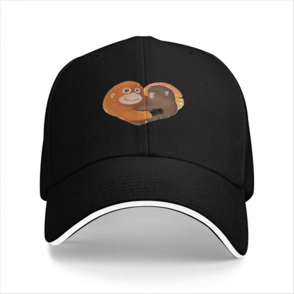 Black Baseball Cap With Hugging Monkeys Heart Design