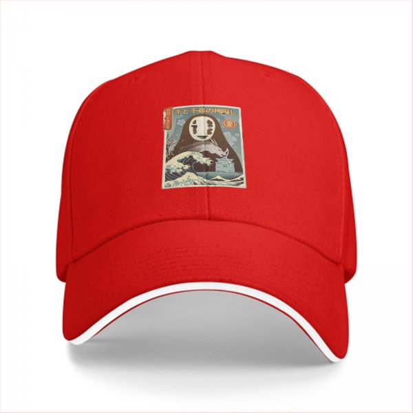 Black baseball cap with Spirited Away No-Face and Great Wave print