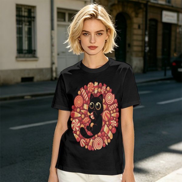 Olive T-Shirt With Cute Black Cat Holding Candy Surrounded By Sweets