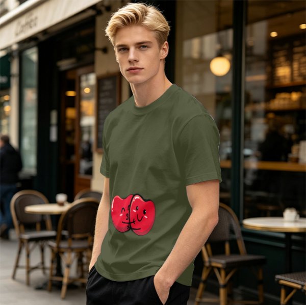 Olive green t-shirt with cute hugging red beans graphic