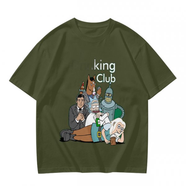 Olive T-Shirt Featuring 'king Club' and Animated Characters Print