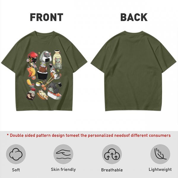 Olive T-Shirt With Cute Sushi Cat Illustrations