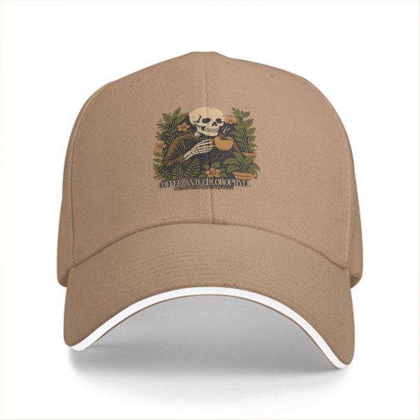 Black baseball cap with skeleton holding coffee and plants design