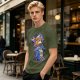 Olive green t-shirt with cartoon characters in cosplay graphic