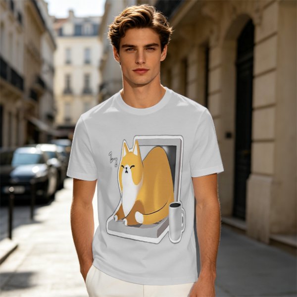 Olive T-Shirt with a Sleeping Cat on a Laptop Print
