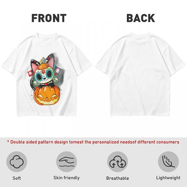 Olive t-shirt with sugar skull cat on jack-o'-lantern