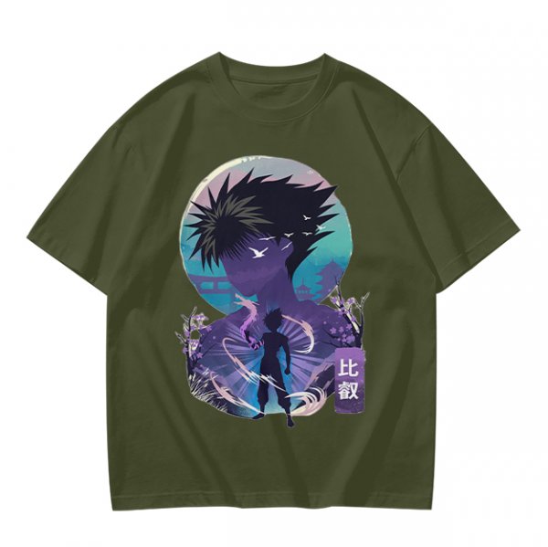 Anime character silhouette graphic tee with stylized purple and blue art