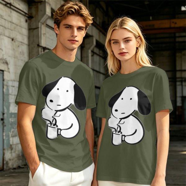 Olive Green T-Shirt With Cartoon Dog Holding Hot Drink Graphic
