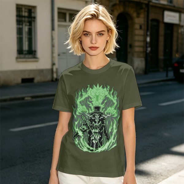 Olive T-Shirt With Skeleton Gentleman And Green Flames Art