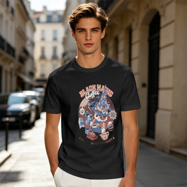 Olive T-Shirt with Black Magic Coffee Wizard Cat Graphic