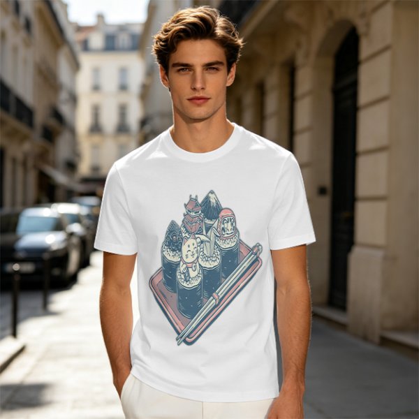 Olive T-Shirt With Sushi Themed Character Art Print