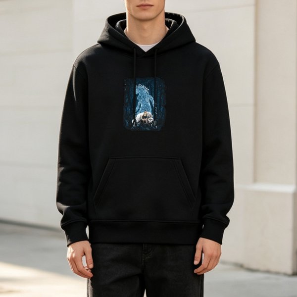 Black Hoodie with Mystical Forest Spirit and Wolf Graphic Print