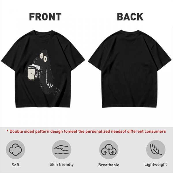 Olive Green T-Shirt With Cartoon Crow Holding Coffee Mug Print