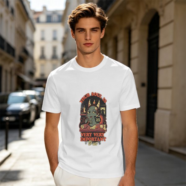 Olive t-shirt with devil call center graphic and 'Your Soul Is Very Important To Us' text