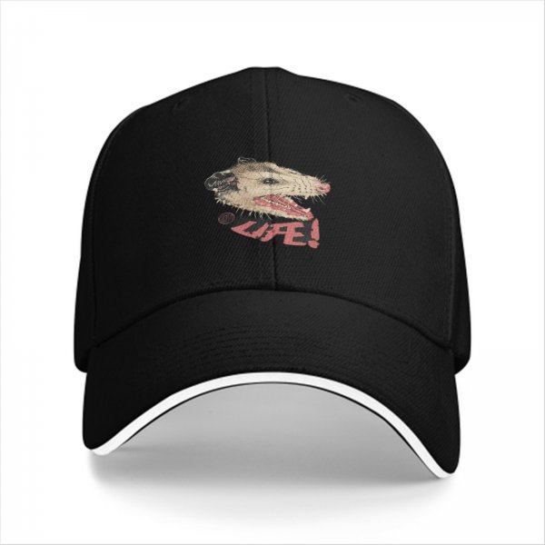 Black baseball cap with hissing opossum and LIFE! graphic