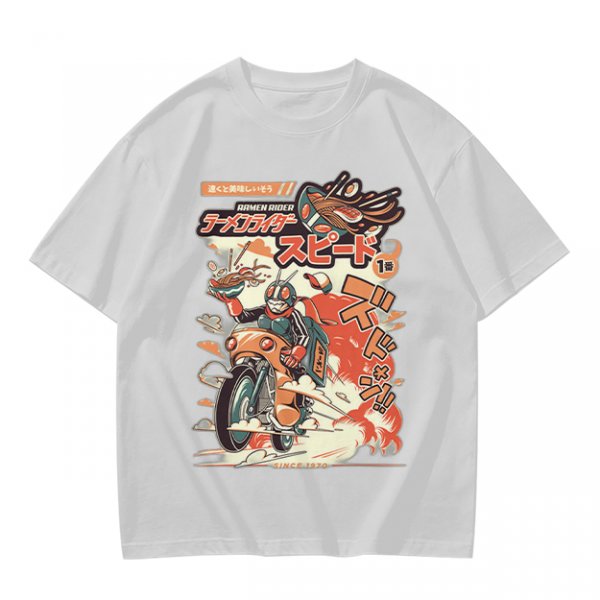 Olive green graphic tee with retro masked rider ramen motorcycle art