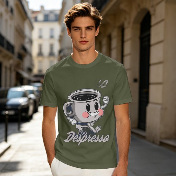 Olive green t-shirt with running espresso cup graphic and 'Less Despresso' text