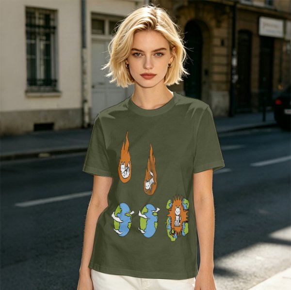 Olive Graphic Tee With Falling Cat Comets And Earth Artwork