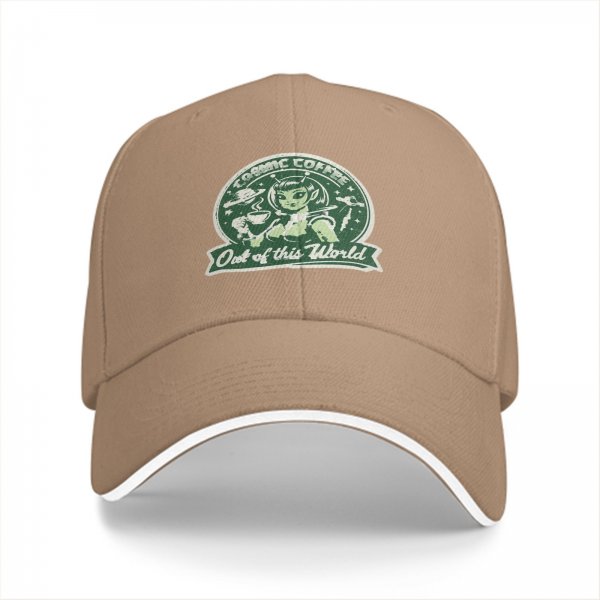 Black baseball cap with cosmic coffee alien girl graphic