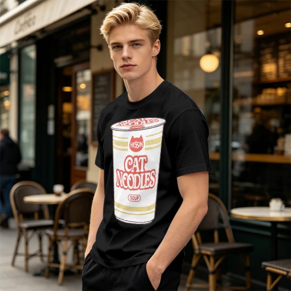 Olive T-shirt with Cat Noodles Cup Print