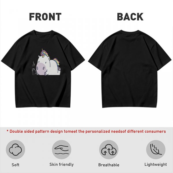 Olive green t-shirt with a chubby unicorn holding a steaming coffee cup