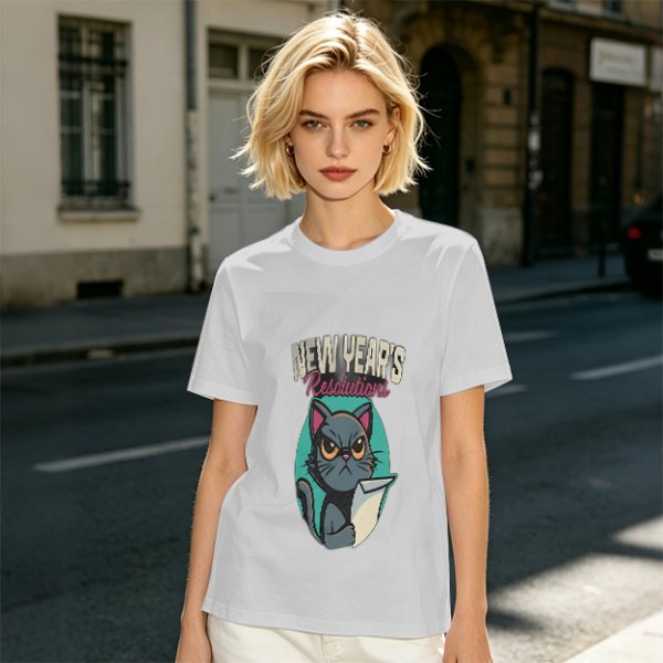 Olive green graphic t-shirt with grumpy cat holding New Year's resolutions