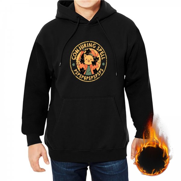 Black hoodie with Conjuring Spell cat witch graphic design